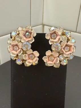 LERU Floral Pink Enamel and Aurora Crystal Cluster Clip-On Earrings